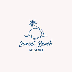 Minimalist Line Art Logo of Tropical Beach with Palm Trees & Sun