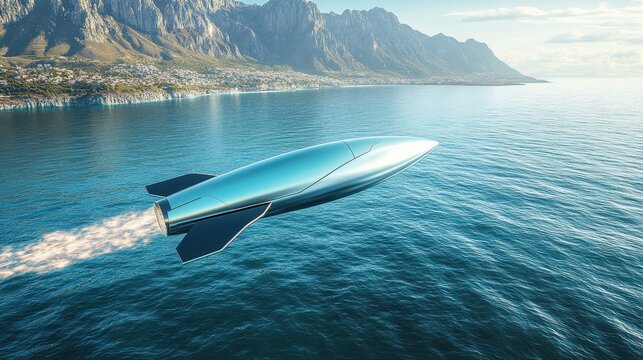 Futuristic jet soars over vast shimmering ocean contrasting with mountainous coastal landscape enhancing travel and adventure concept