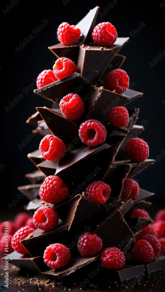 Poster chocolate raspberry tree decorated with chocolate leaves and berries.