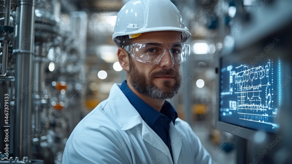 Poster a skilled technician in a white lab coat and safety gear observes automated systems in a busy petroc