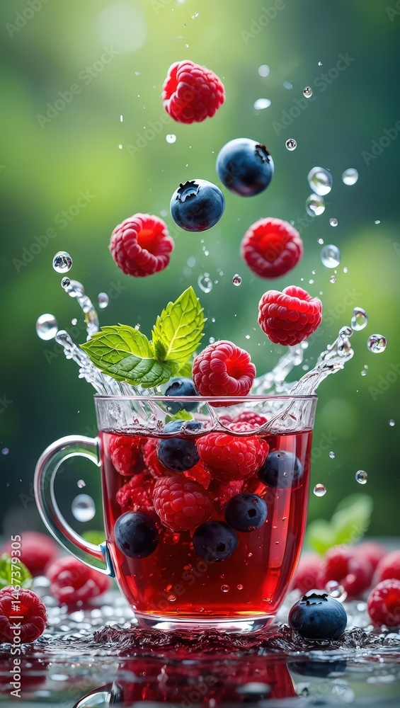 Poster a glass of iced tea with berries splashing out from it onto the table below.