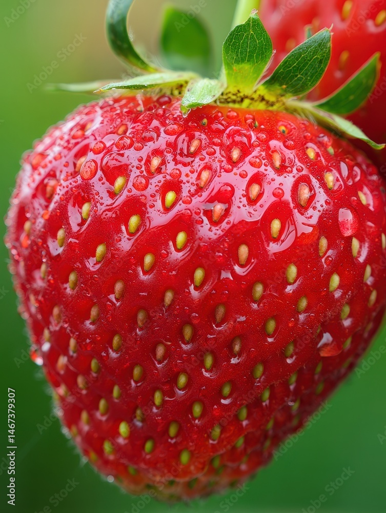 Poster a ripe red strawberry with visible water droplets on its surface.