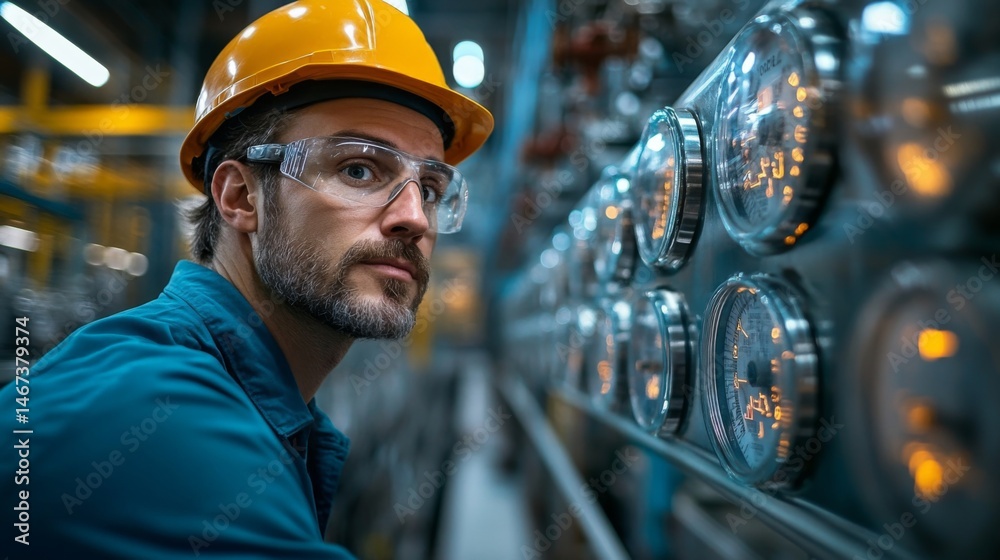 Aufkleber a focused engineer in protective gear examines machinery gauges in an industrial setting. the enviro