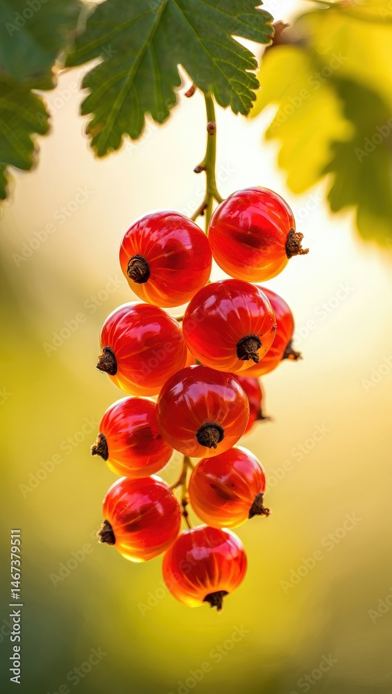 Poster a bunch of red berries hanging from a tree branch in the sunlight.