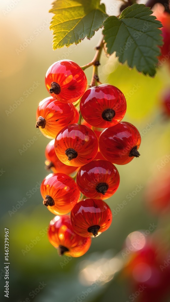 Poster a bunch of red berries hanging from a tree branch in the sunlight.