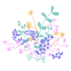 Bouquet of different Plants - Ivy, Grapes, Eucalyptus. Simple Vector Illustration