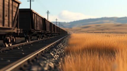 Obraz premium Rusty gondola wagons parked on a siding at empty rural station, surrounded by tall dry grass and distant hills