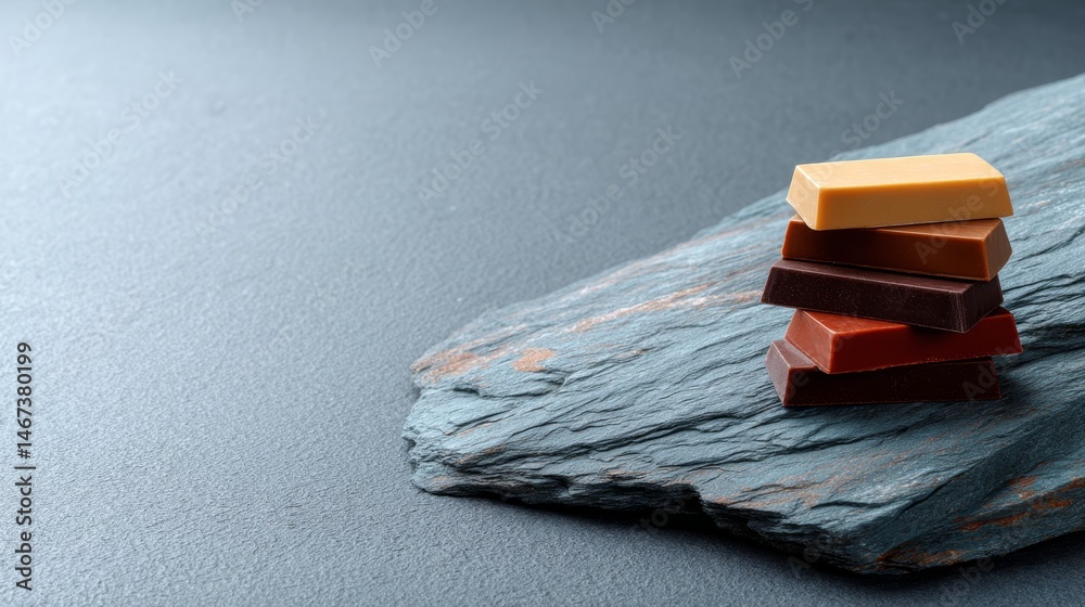 Poster colorful chocolate bars are elegantly stacked on a rough grey slate surface, with soft ambient light