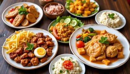 A tasteful display of plates filled with different food options on a table ready to serve