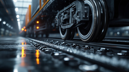 Fototapeta premium Freight train idling at remote industrial station, heavy wheels resting on polished tracks