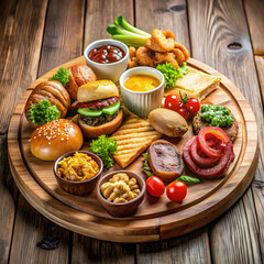 Variety of food on wooden coaster