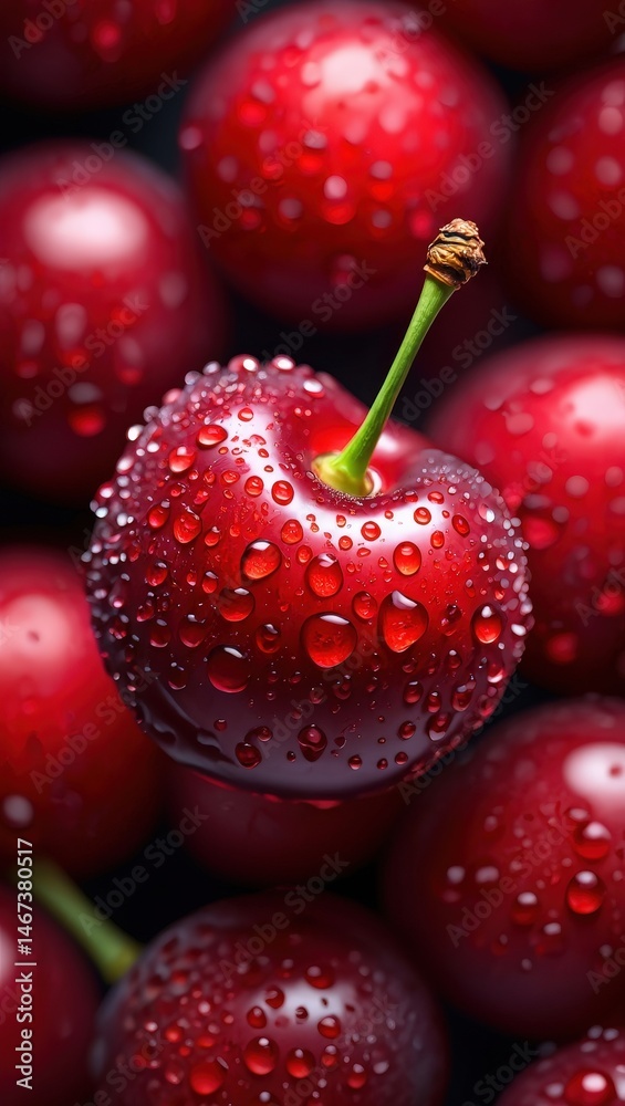 Poster a single red cherry with drops of water on it, surrounded by other red cherries in the background.
