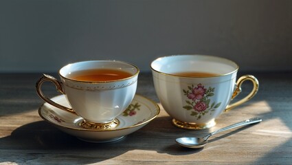 Fototapeta premium Photorealistic image of a teaspoon next to empty teacup
