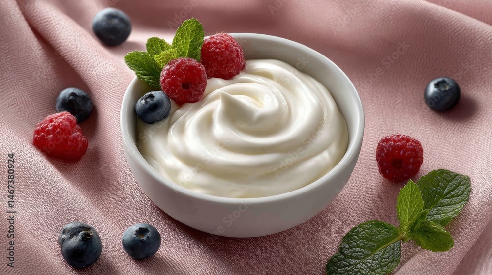 Poster pastel yogurt is elegantly swirled in a ceramic bowl, topped with fresh berries and mint, creating a