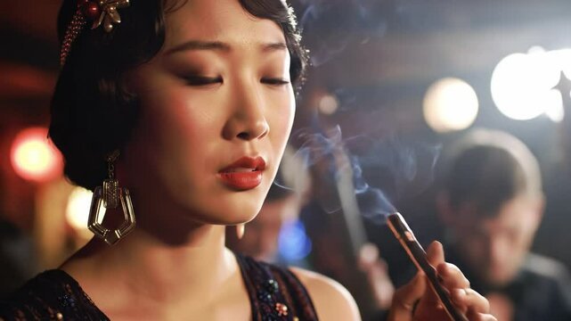 Elegant woman in vintage attire enjoying smoke in a lively speakeasy during a jazz night