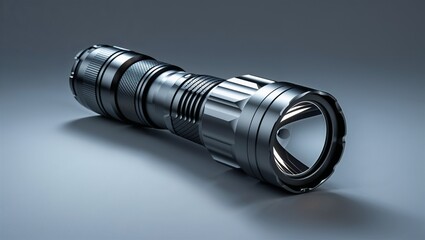 Photorealistic image of a tactical flashlight with zoom lens in a studio setting
