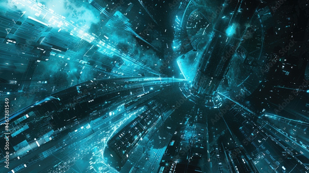 Poster abstract picture of neon light particle with digital technology style design connecting become dynam