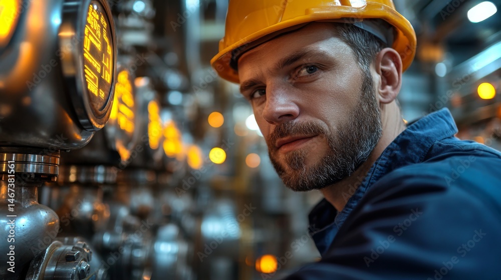 Poster a technician in safety gear conducts maintenance checks in a busy refinery, ensuring efficient opera