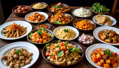 A table generously filled with ready-to-eat meals spread for enjoyment and culinary delight