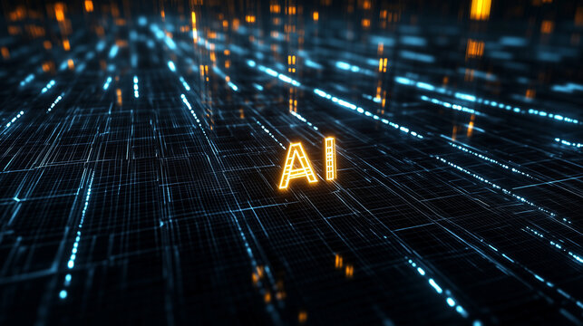 Golden "AI" letters emerge from digital terrain grid, brilliant light rays piercing a foggy tech atmosphere, cyberpunk vibes
