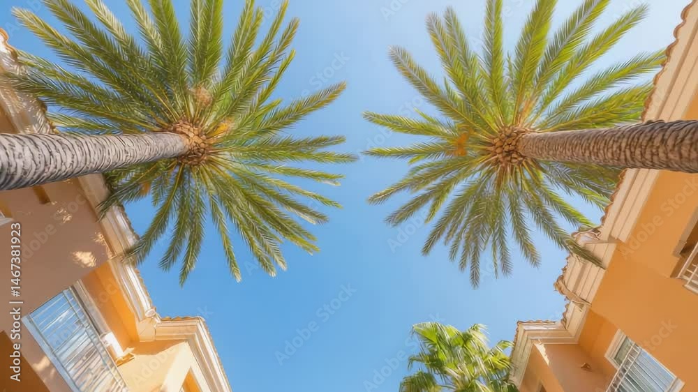 Poster low angle view of palm trees swaying gently in the breeze over orange resort buildings under a clear