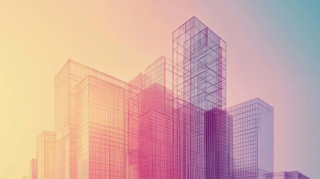 Abstract pastel cityscape, wireframe buildings, architectural design.