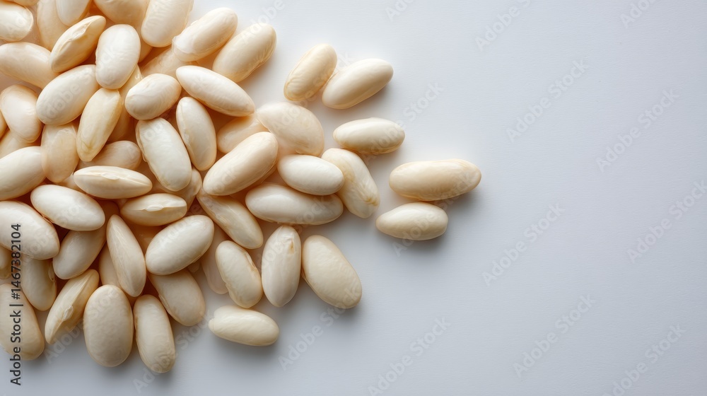 Poster A pile of cream-colored beans overlaps naturally on a bright white surface, creating a clean aesthetic with ample space on the left for additional text or graphics