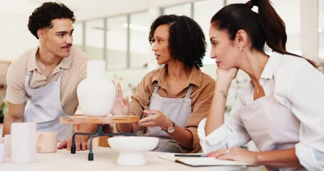 Group, people and talk for pottery in class for sculpture design, learning technique and craft process. Potter, teaching and instructions of mold production, ceramic demonstration and creative course