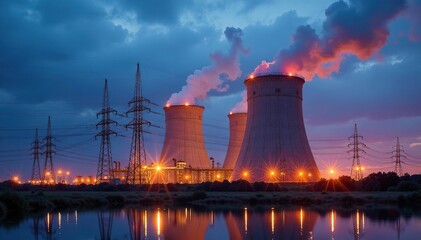 Fototapeta premium Large power plant with connecting power lines, wind power plant, industry