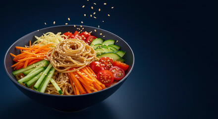 Delicious Asian Noodle Bowl Arrangement with Colorful Vegetables and Sprinkled Sesame Seeds on a Dark Background