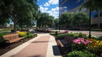 Urban park walkway, sunny day, office building backdrop. Possible use Stock photo for commercial real estate, urban planning, parks and recreation