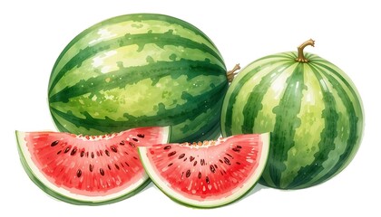 Watercolor-style illustration of whole and sliced watermelons with vibrant red flesh and green rind, arranged on a white background.