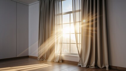 Photorealistic image of a sunlight filtering through window curtain