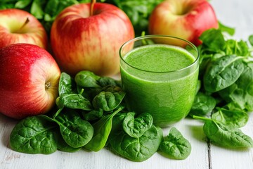 A vibrant spinach and apple smoothie in a glass, with a bright green hue, resting on a white surface
