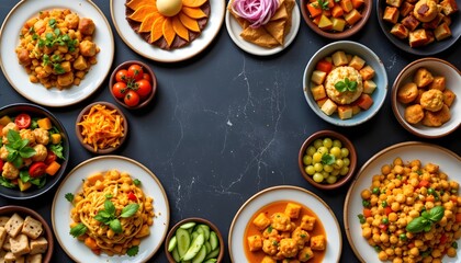 A beautifully set table with many plates of diverse food representing global cuisines