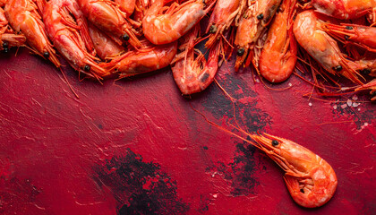 a vibrant culinary display featuring numerous raw shrimp with red shells