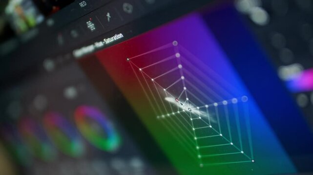 Close up: screen monitor is a program for color correction of video and media. Color grading and editing in software. Tools for changing the shade in the form of a spider web. Dashboard interface