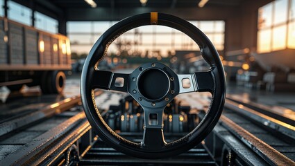 Photorealistic image of a steering wheel in a garage