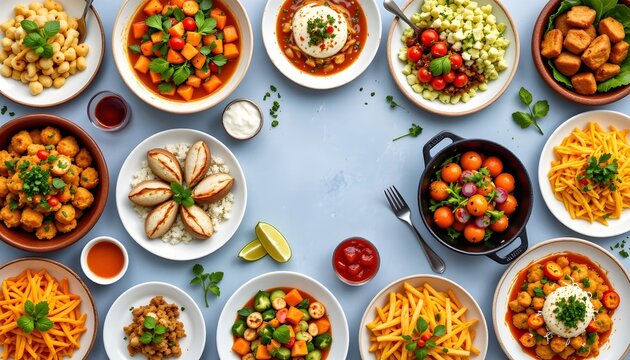 A stunning display of various global cuisines showcased on a beautifully set table