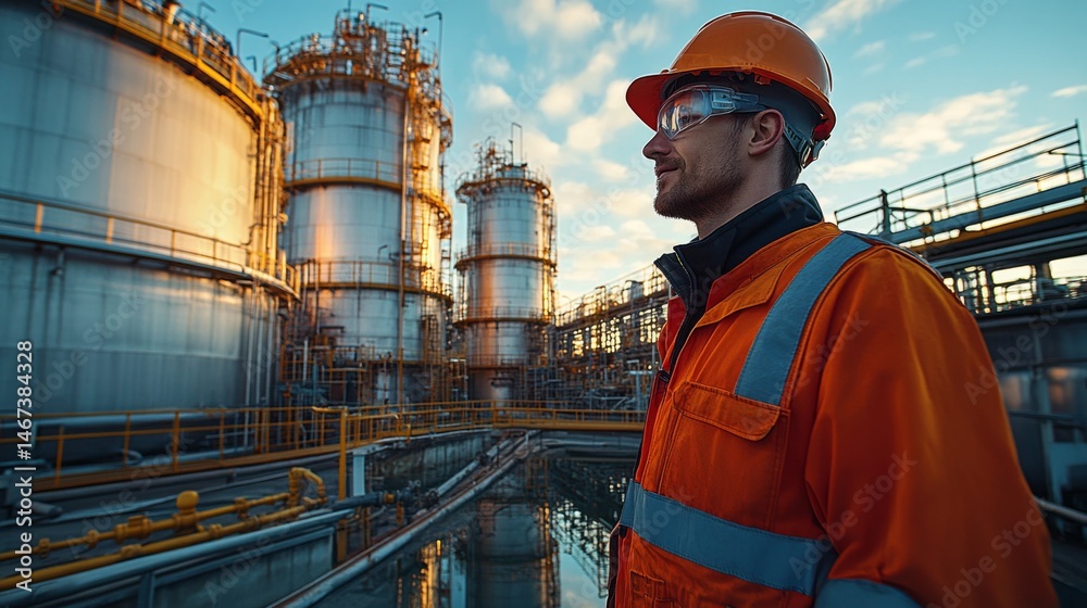Poster a worker in safety gear stands thoughtfully near large storage tanks at a petrochemical refinery, re