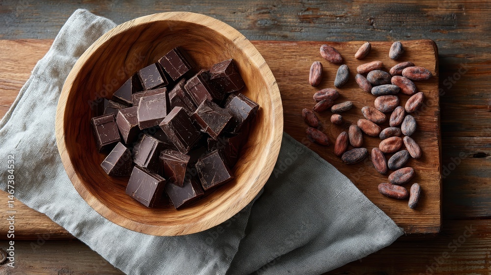 Poster Rustic wooden bowl showcases uneven dark chocolate chunks alongside scattered cocoa beans, offering a rich and inviting display with ample copy space