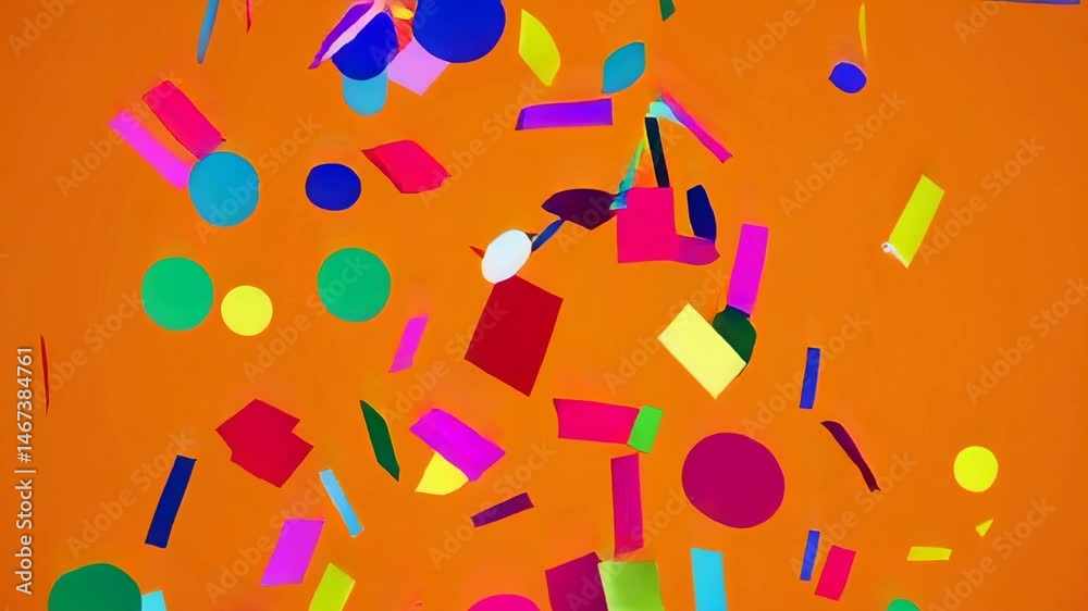 Poster colorful confetti of various shapes and sizes is falling against a vibrant orange backdrop, creating