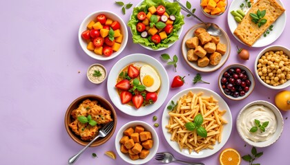 A colorful arrangement of diverse international food items on a vibrant purple background