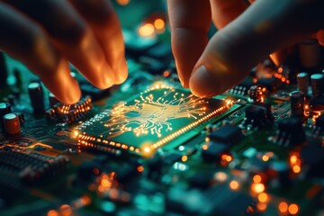 Hands Interacting with a Circuit Board in a Futuristic Environment