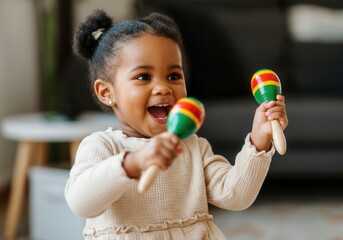 Joyful African American toddler playing with colorful maracas at home