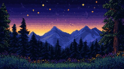 Pixel art depicting a serene twilight mountain range scene with a forest and wildflowers in the foreground.