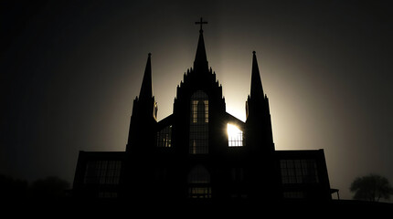 Fototapeta premium A massive brutalist cathedral built of concrete and glass, casting long shadows in the sunset, blending religious solemnity with futuristic geometry. created by generative ai