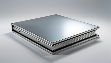 Photorealistic image of a stainless photo album with raised lid on a white background