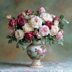 Obraz premium Stunning Arrangement of Colorful Roses in Elegant Floral Vase