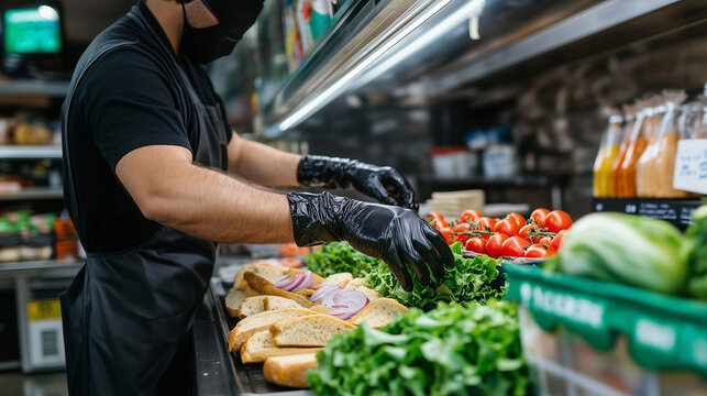 Deli employee wearing black gloves layers crisp lettuce, juicy tomatoes, and thinly sliced onions onto fresh bread behind grocery store counter